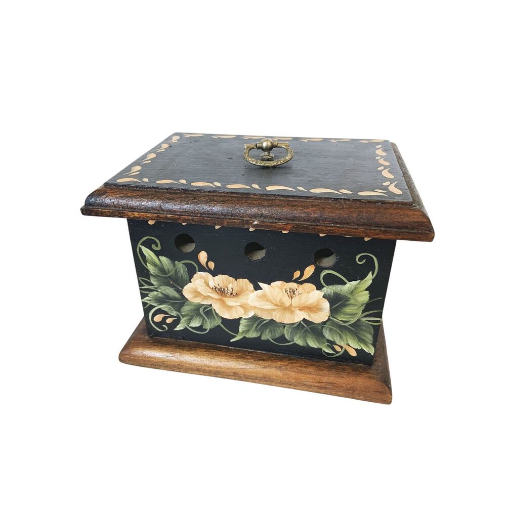 Vintage Hand Painted Roses Wood Box Potpourri Box Boho Folk Art